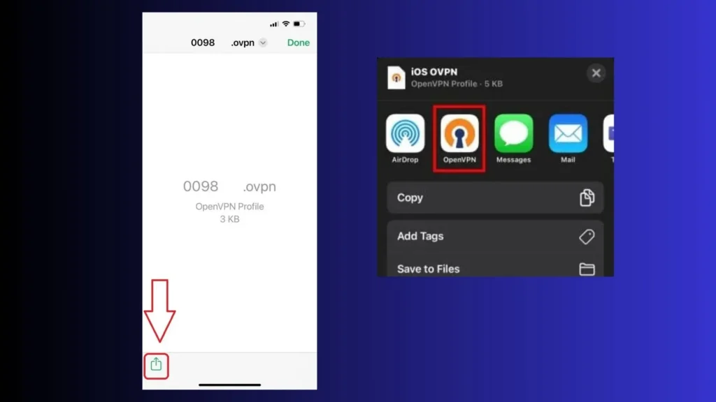 تصویری از یک فایل .ovpn در یک دستگاه موبایل که نشان میدهد این فایل یک پروفایل OpenVPN با حجم ۳ کیلوبایت است. یک فلش قرمز به دکمه اشتراکگذاری (Share) در پایین صفحه اشاره میکند.